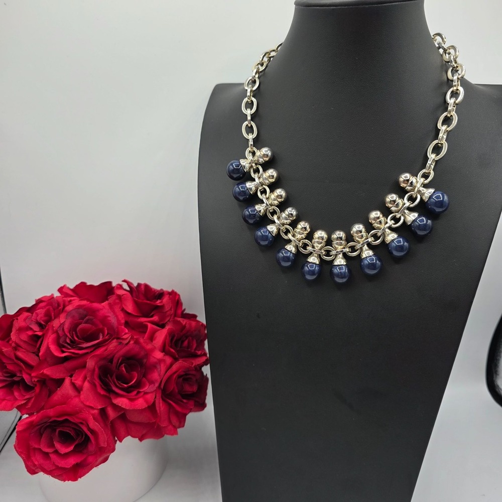 Ann Taylor Factory Silver Tone Blue Beaded Statement Necklace 18 Inches Boho